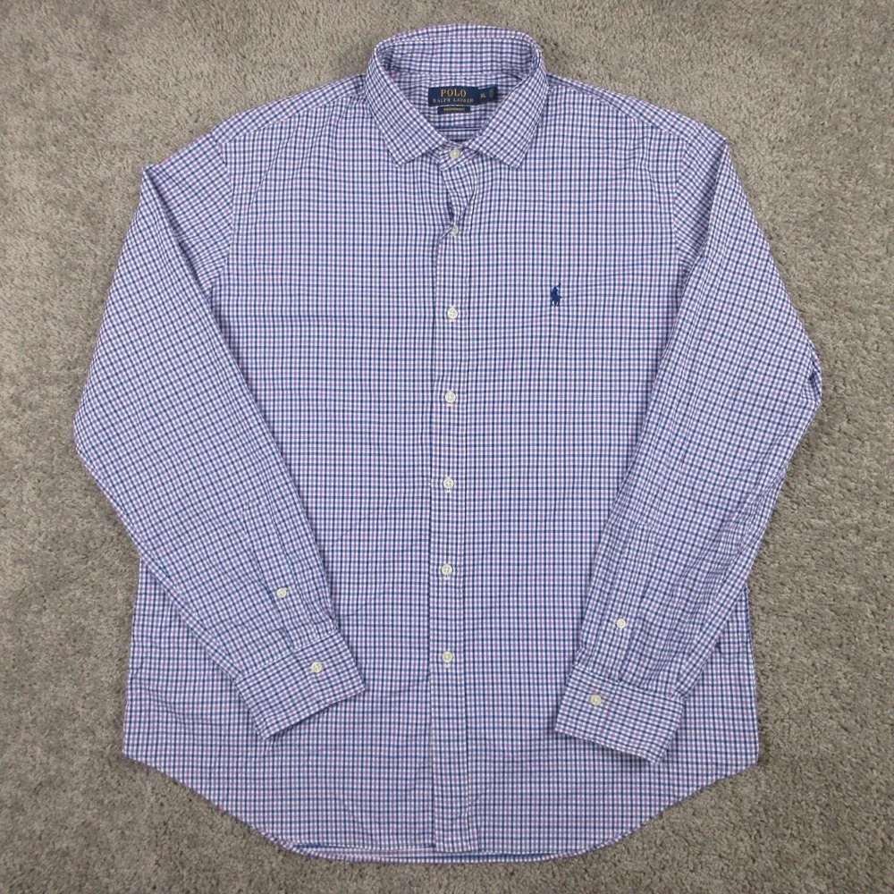 Polo Ralph Lauren Shirt Mens XL Purple Check Performance Nylon Pony Button Up